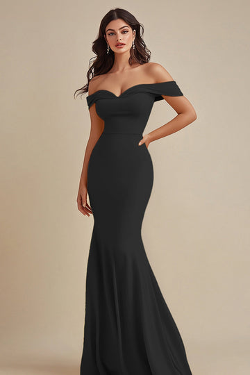 Black Satin Off the Shoulder Mermaid Long Formal Dress